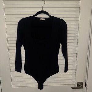 Free People Black Long Sleeve Square Neck Bodysuit